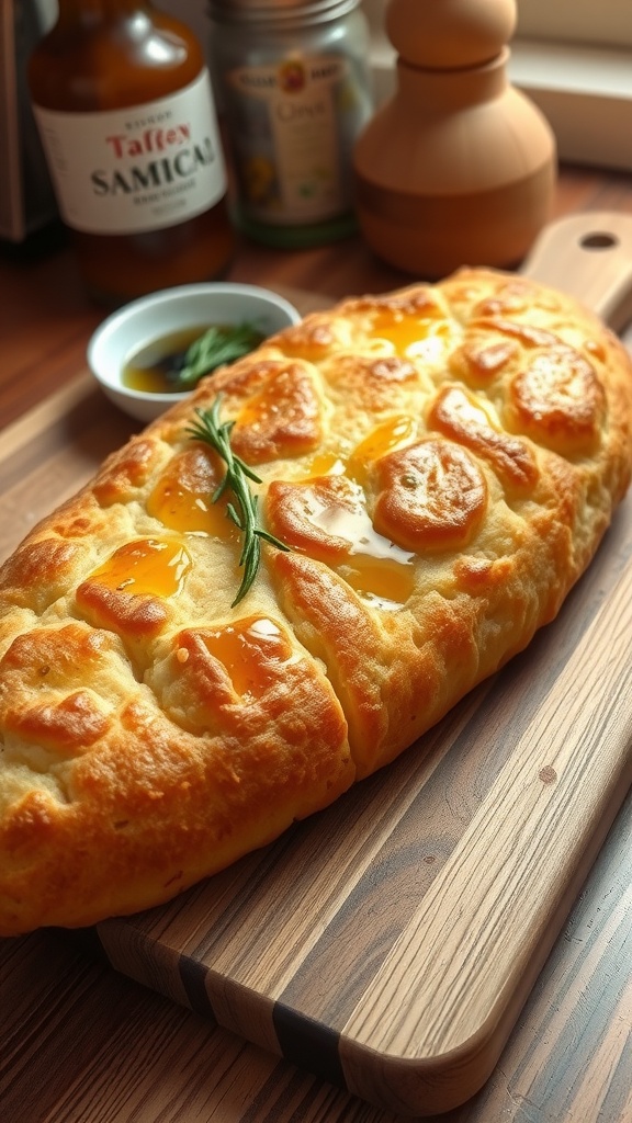 Golden focaccia bread with rosemary on a wooden board, accompanied by a bowl of olive oil.